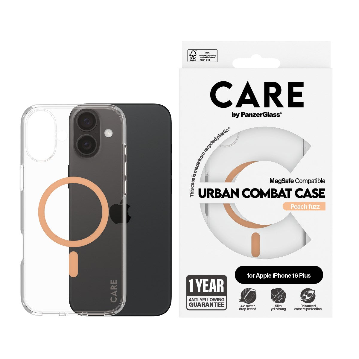 CARE by PanzerGlass® Urban Combat Case Transparent w. Peachy MagSafe iPhone 16 Plus
